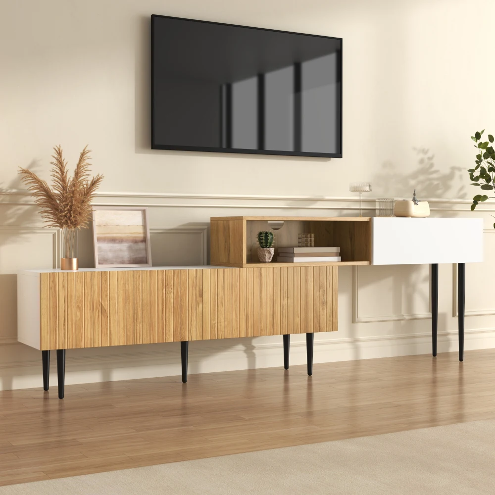Moderner TV-Schrank mit verstellbarer Länge, Holzoptik + weiß matt, schwarze Metallbeine, multifunktionale Wohnzimmermöbel – Detail 9