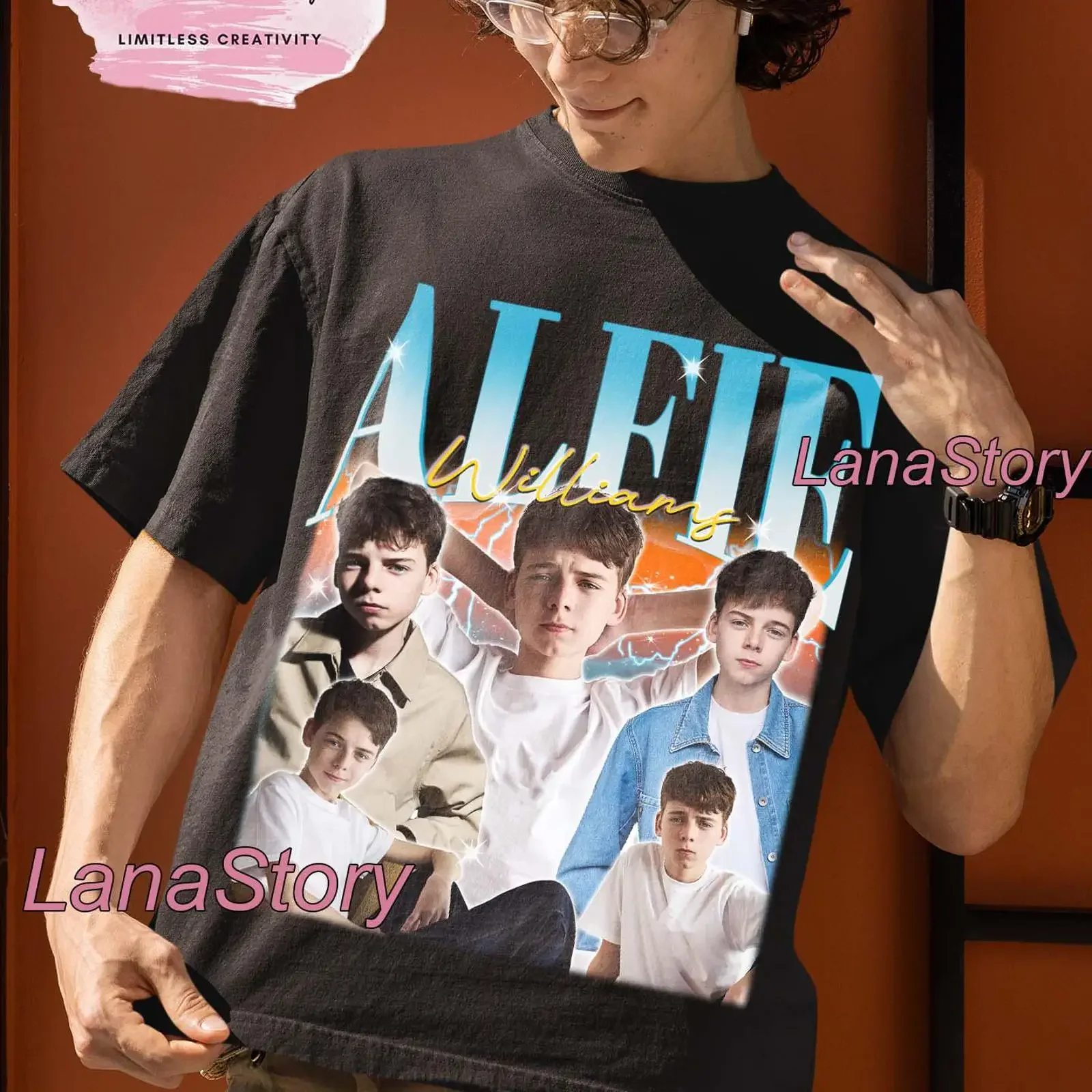Camiseta con diseño artístico de Alfie Williams, camiseta negra vintage lavada, elegante, suave, estilo streetwear, gráfico versátil, transpirable, informal para hombre