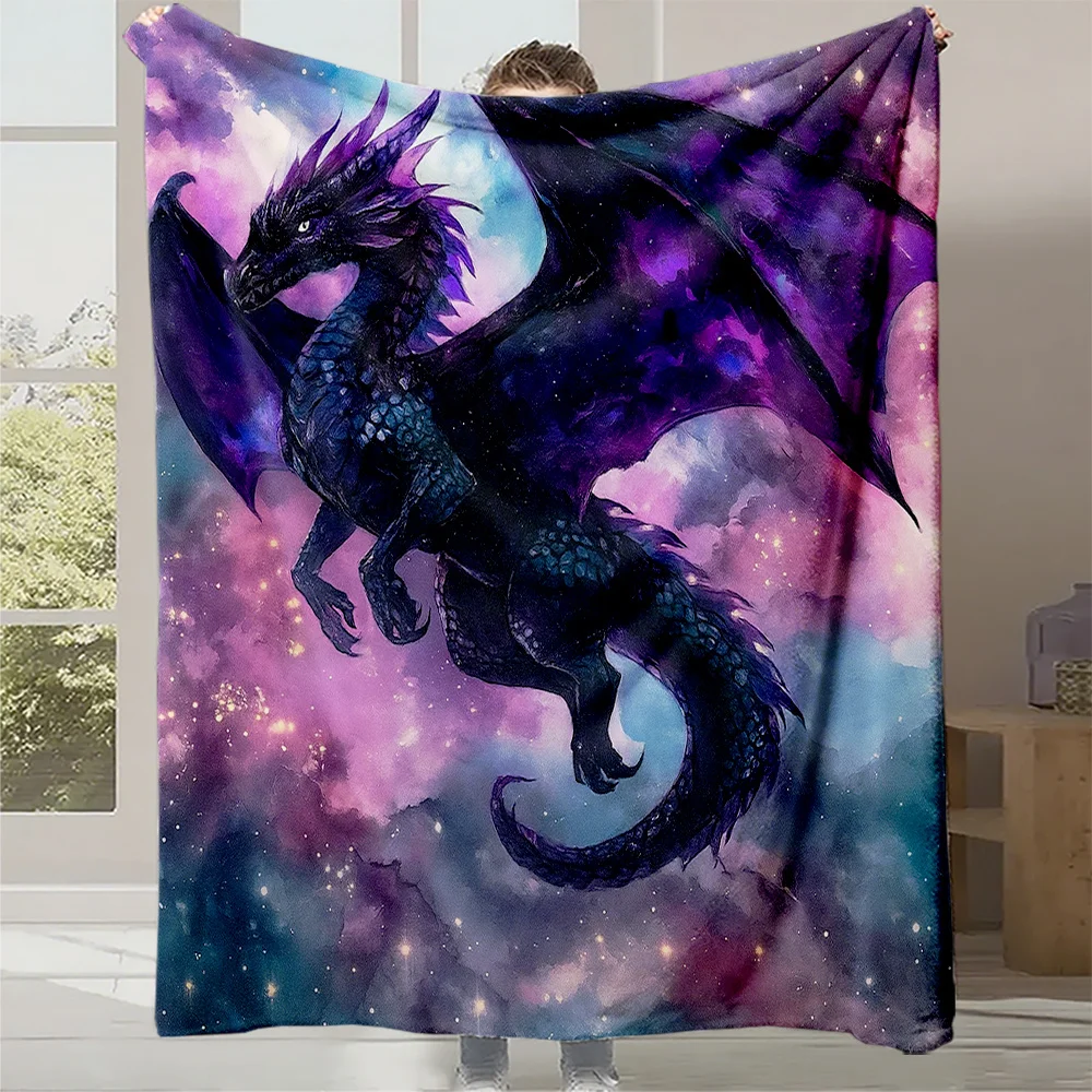 1pc Mystical Purple Black for galaxy Dragon Print Flannel Blanket - Heavyweight 140-160gsm All-Season Soft Warmth, Deep Purple &