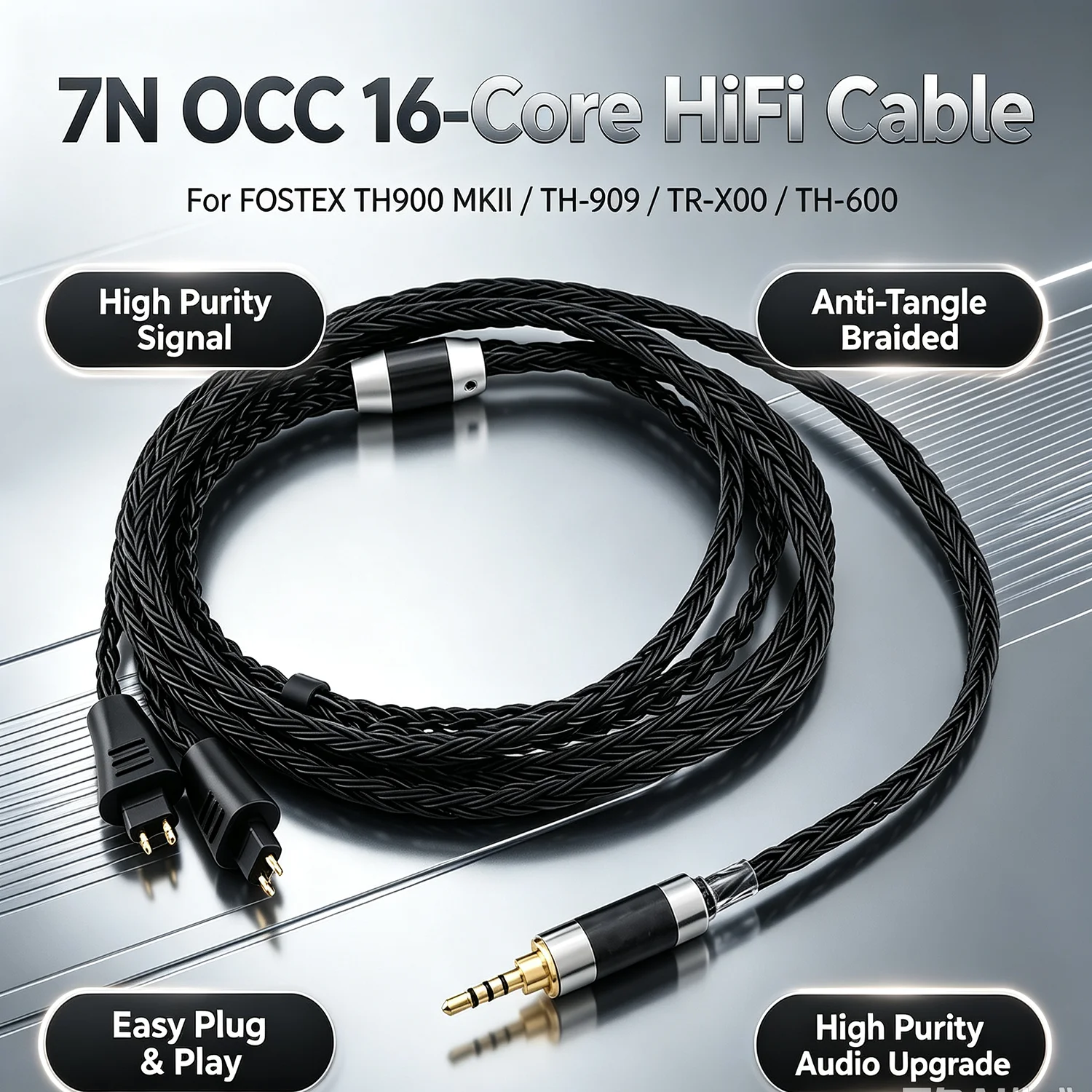 16‑Core 7N OCC HiFi Headphone Upgrade Cable Black Replacement Wire For FOSTEX TH900 MKII MK2 TH‑909 TR‑X00 TH‑600 Headphones