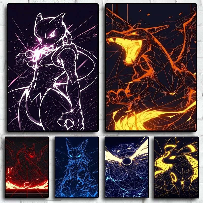 Arte de pared en lienzo, póster de personajes clásicos de Pokemon Charizard Mewtwo, pinturas decorativas modernas para sala de estar y hogar, que no se decoloran