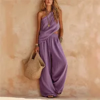 Summer Women 2 Piece Set Slant Collar Asymmetrical Sleeveless Top Bare Midriff Long Pants Solid-colored Loose Wide Leg Pants Set - Image 5