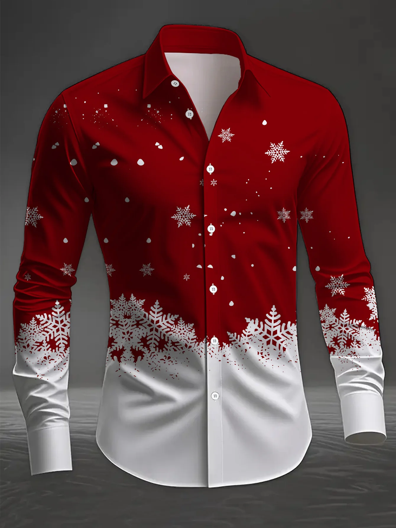 Men Christmas Long Sleeve Shirt Red White Gradient Snowflake Print Button Down Holiday Party
