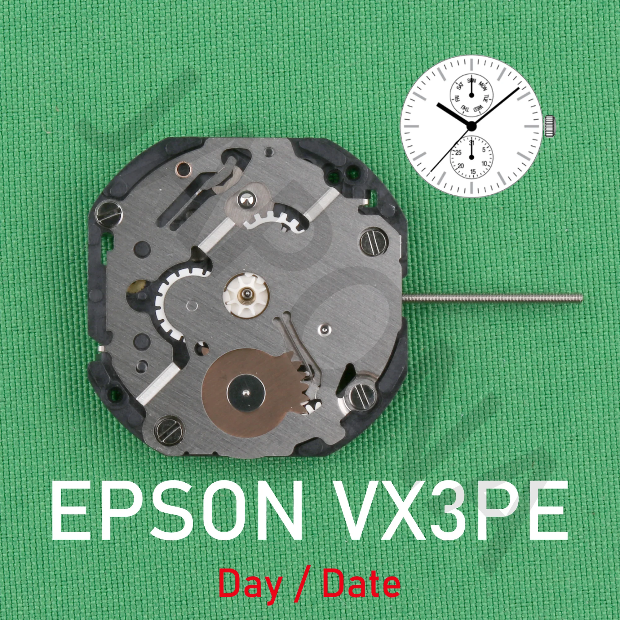 

Часовой механизм VX3P epson VX3PE, Аналоговый кварцевый механизм 10 1/2 '', тонкий механизм, 3 стрелки (H/M/S), 2 глаза с индикаторами дня/даты