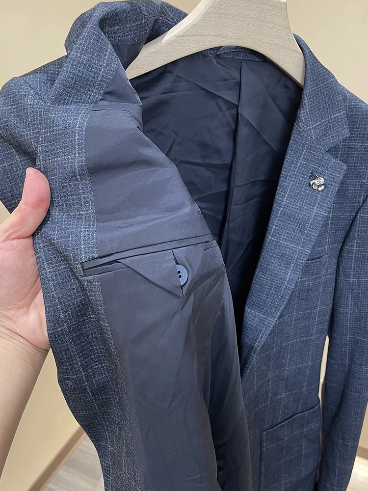 

Ele Busin Men's Suit Jaet Autumn Stand Fit Long Sve Color Woven Pattern Elastic Ba Split Casual Single-Breas...