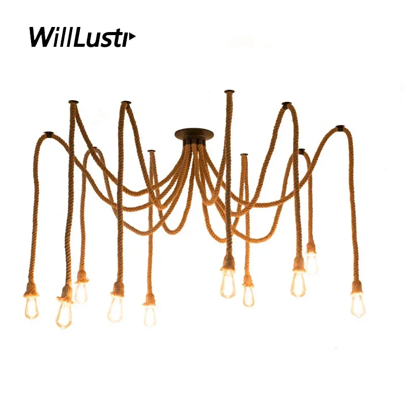 Hemp Rope Pendant Lamp Industrial Twine Hanging Light Hotel Office Store Bar Booth Spider Suspension Ceiling Chandelier