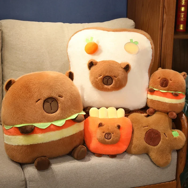 Squishy Capybara Hamburger French Fries Toast Plush Pillow Kawaii Capybara Stuffed Toy Animals Sofa Cushion Decor Birthday Gift