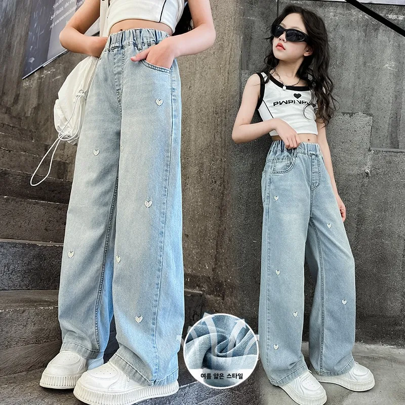 

Summer New Women's Denim Pants Straight Leg Thin Wide Leg Jeans Love Heart Pattern Long Trousers for Junior High Schoo...