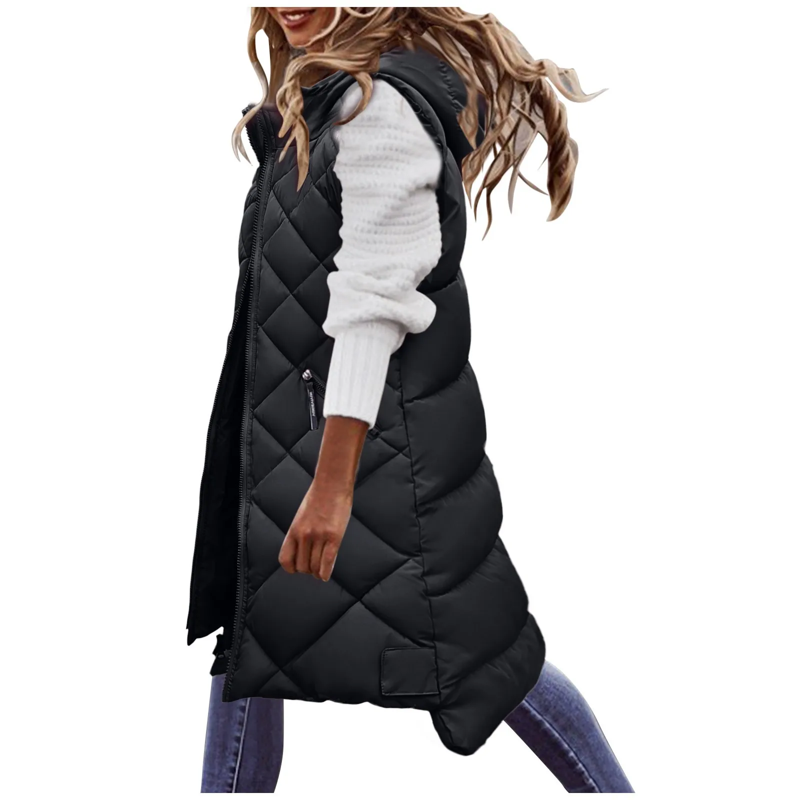 Chaqueta de plumón con bolsillos para mujer, chaleco cálido, prendas de vestir exteriores con capucha sin mangas, abrigo largo de invierno