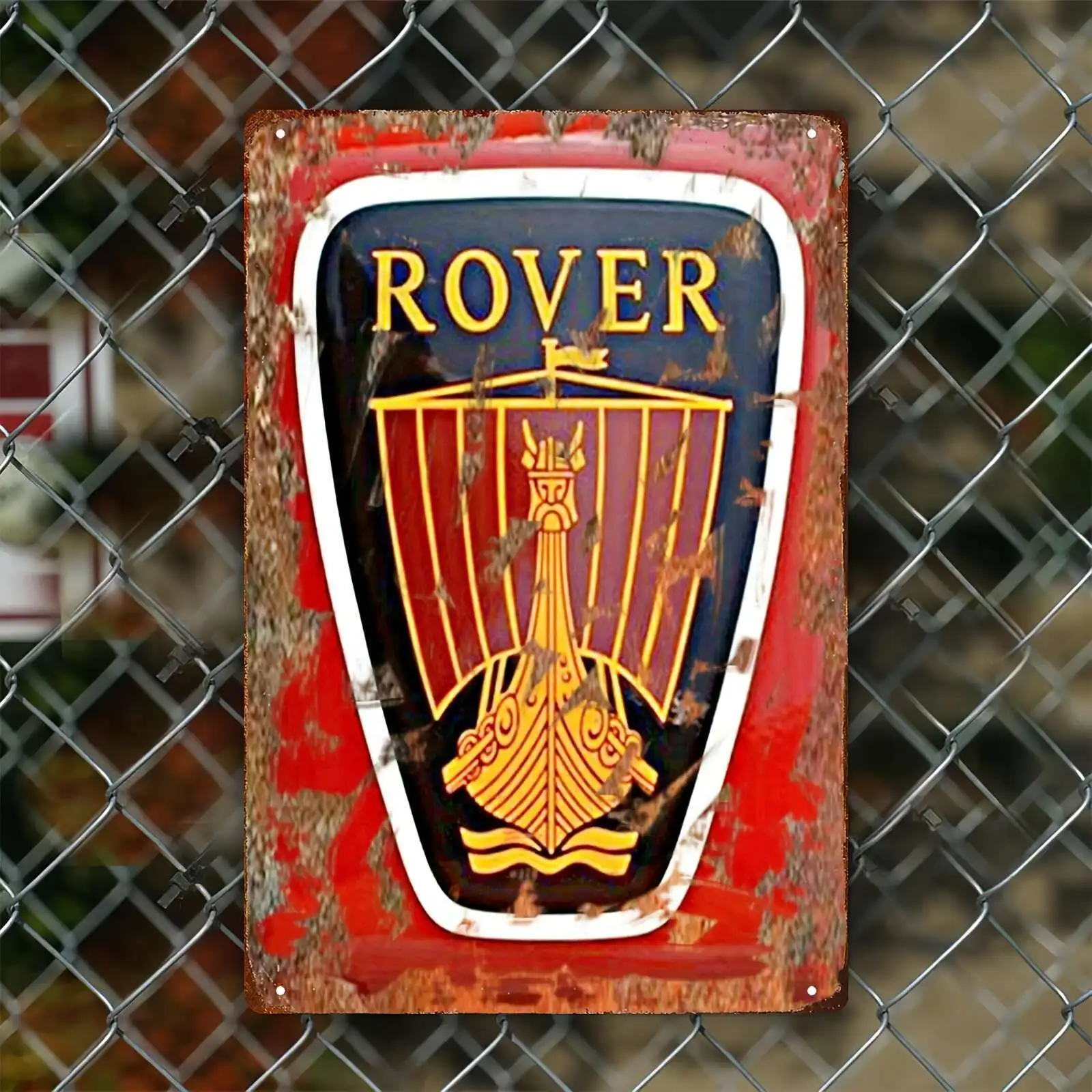 RoveR British Car Austin Vintage Metal Sign - Red & Yellow Retro Automotive Decor - Heavy-Duty Iron Construction