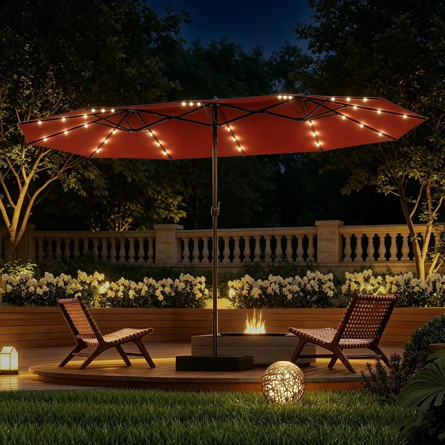 15FT Rectangular Patio Umbrella with LED Lights & Base for Outdoor Table, Customized