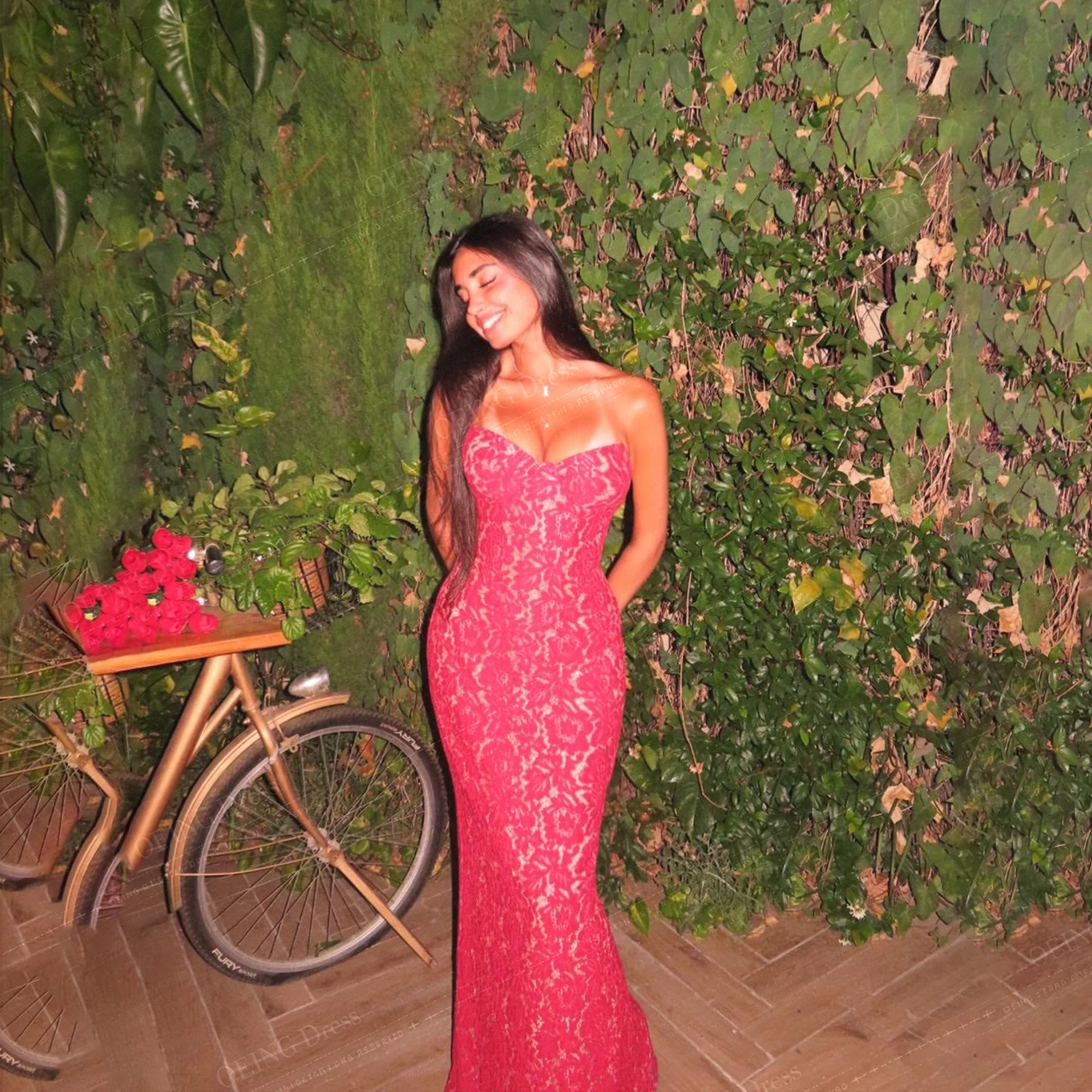 Red Strapless Lace Mermaid Maxi Evening Dress Sweetheart Neck Bodycon Formal Party Gown Custom Size Color Plus‑Size for Prom Wed