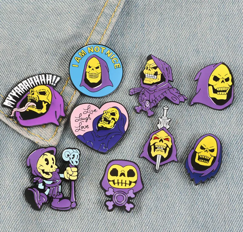 9 stili Skeletor purple hood smalto Pin Masters of the Universe Badge spilla borsa vestiti spilla gioielli classici dei cartoni animati