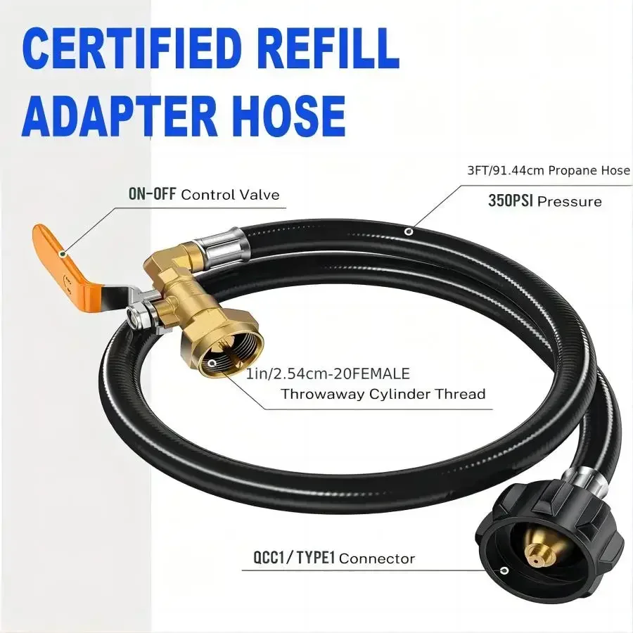 

1 lb Propane Tank Refill Adapter Kit,3 ft Hose with Safety Shutoff Valve, Easily Fill 1 lb Bottles from 20 lb Tank