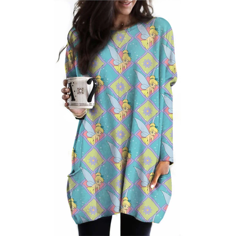 ディズニープリンセスプリントの女性用長袖Tシャツ,ラウンドネック,十分なポケット,特大,カジュアル,春と秋,ラージサイズ,3XL