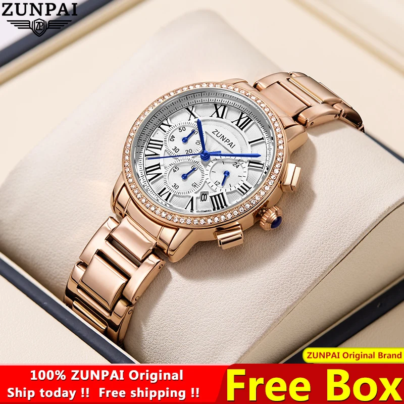 ZUNPAI Original Waterproof Women Watch Stainless Steel Strap Quartz Watch for Women Luminous Casual Fashion Ladies Wristwatch