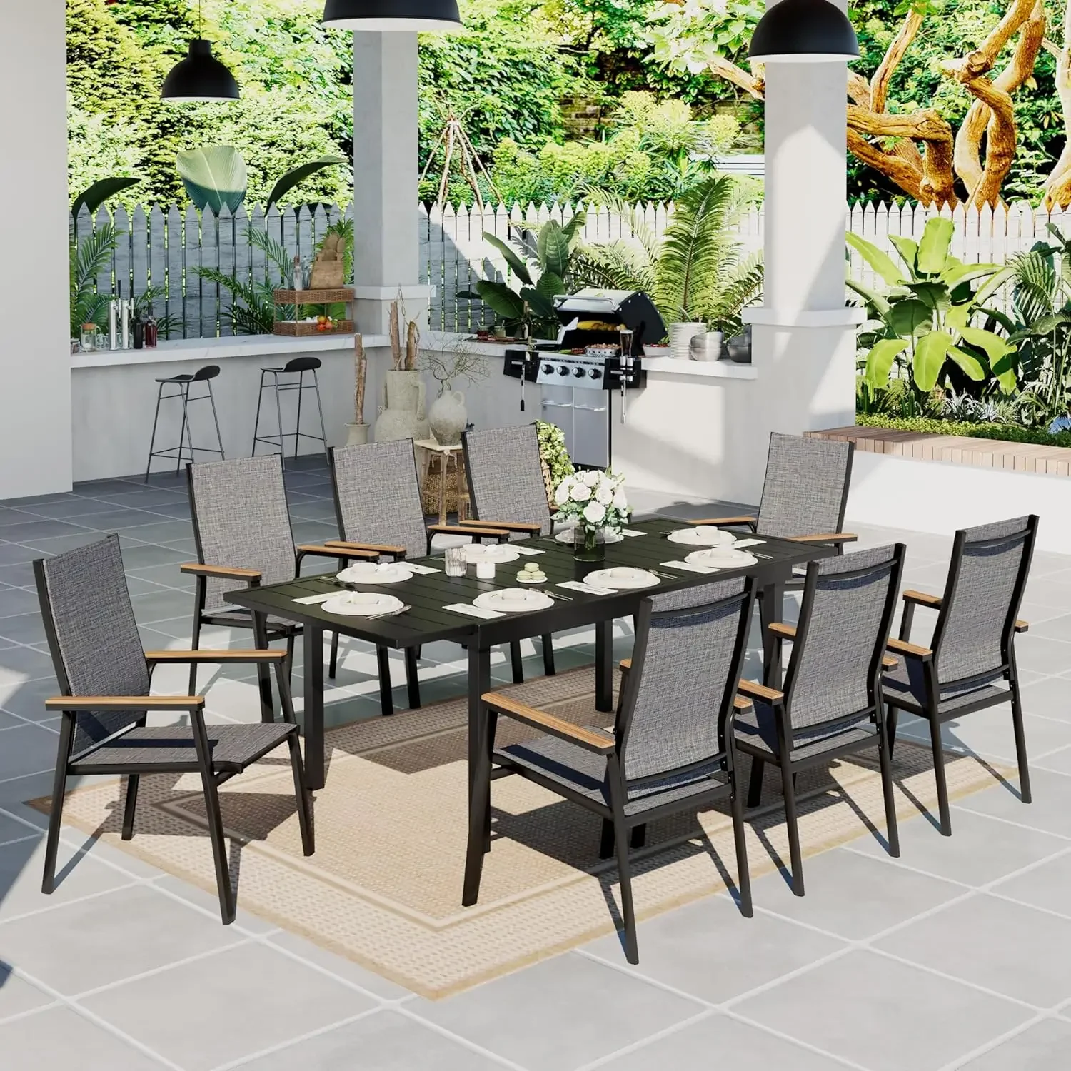 Dining Set 9 Pieces, 8 Aluminium Patio Dining Chairs with 1 Extendable Dining Table for 6-8 Person, Patio Table and Chairs