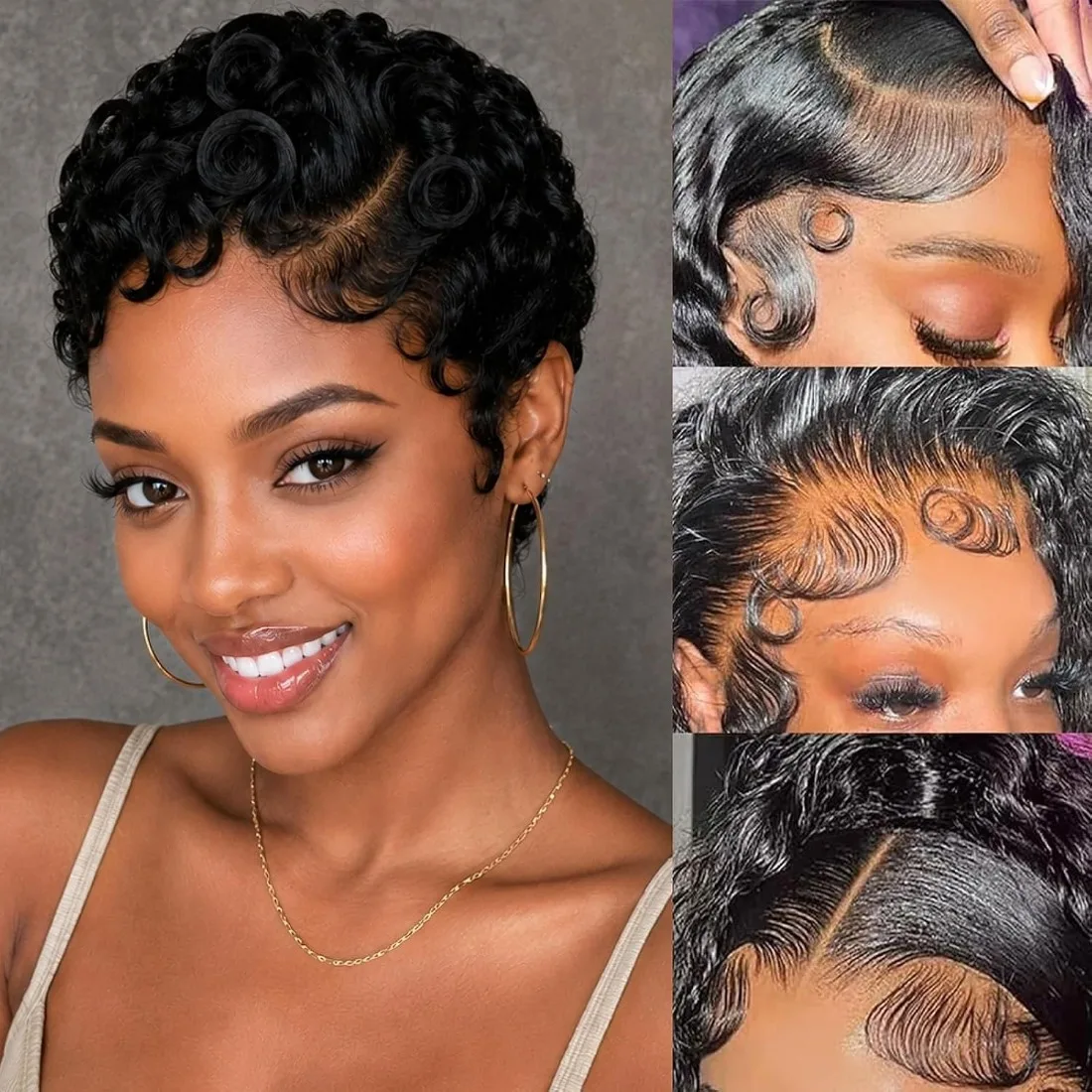 13x4 HD Lace Frontal Human Hair Wigs Short Layered Pixie Cut Curly Glueless Wig Pre Plucked Deep Wave Pixie Cut Human Hair Wigs