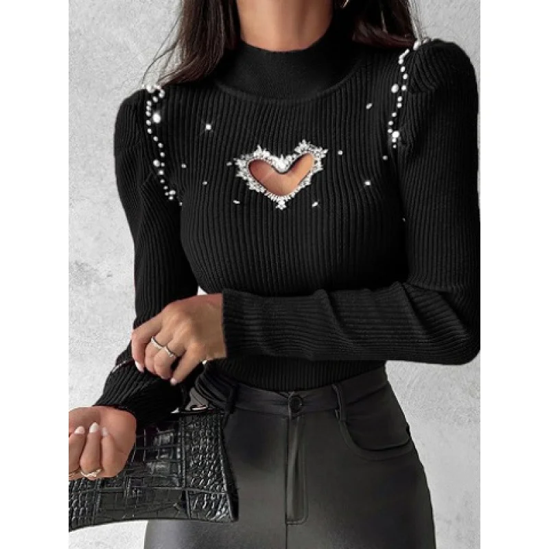 2023European and American Foreign Trade Women's Clothing Inner Wear Autumn and Winter Half-High Collar Bottoming Shirt Beaded De