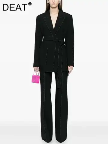 DEAT Elegant 2 Pcs Set Lapel Lace-up Waist Bright Line Coat High Waist Solid Pant Women's Suit 2026 Spring New Fashion 35Z1210