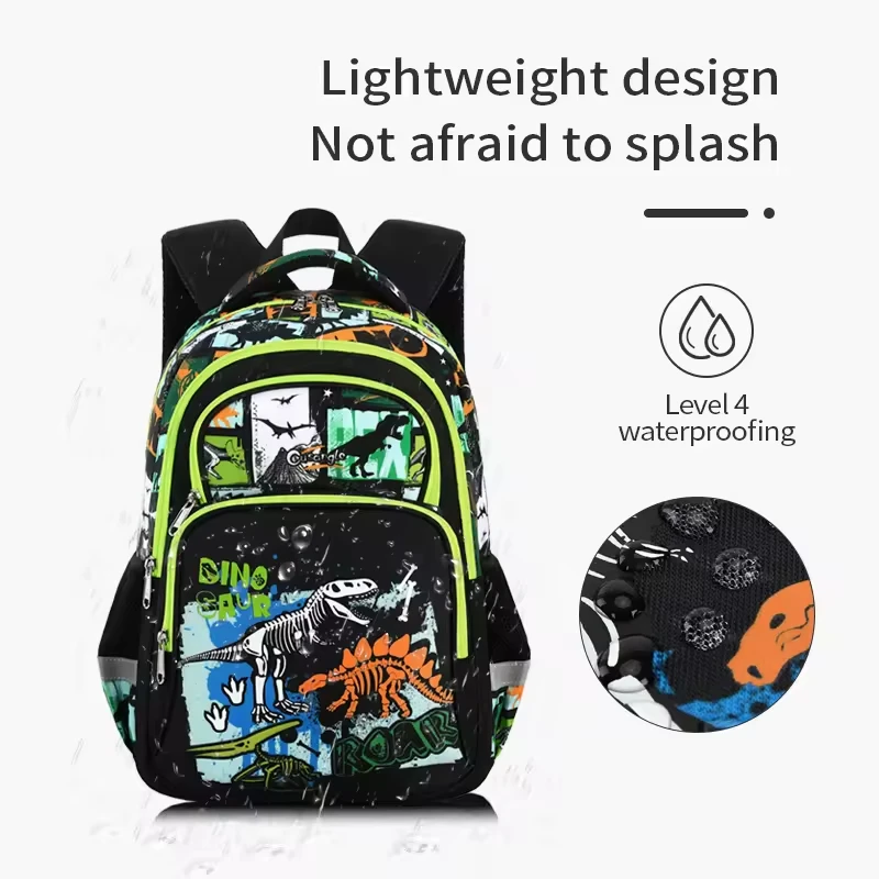 Mochila de dinossauro preto duplo para alunos primários, saco impermeável dos desenhos animados, Kids Schoolbag, venda quente de fábrica, Cusangel