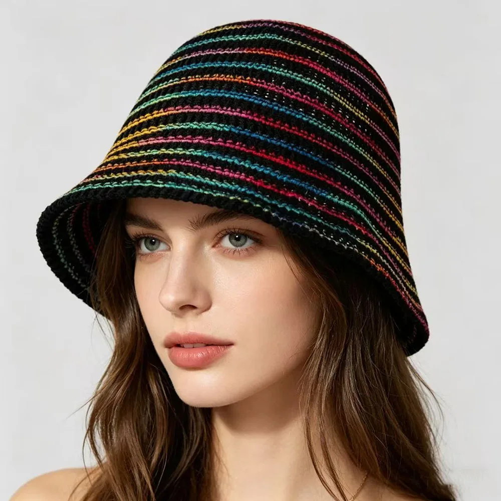 Summer Stripe Fresh Holiday Bucket Hat  for Women Korean Fashion Show Face Small Sun Fisherman Cap Foldable Versatile Panama