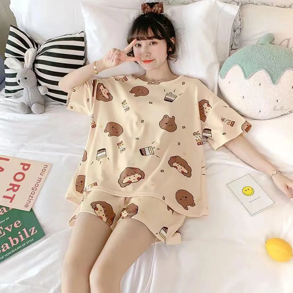 Summer Women's Sleepwear Short Sleeved Shorts Set Thin Loose Fit Suitable for Outerwear Home Wear Cute Sweet Camisole Sleepwear