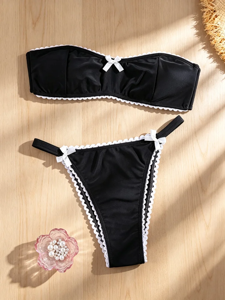 Rinade Black Bikinis Bandeau Swimsuit Low Waist Bikini Strapless Swimwear Sexy Swimsuits Summer Bathing Suit Two-Piece Beachwear