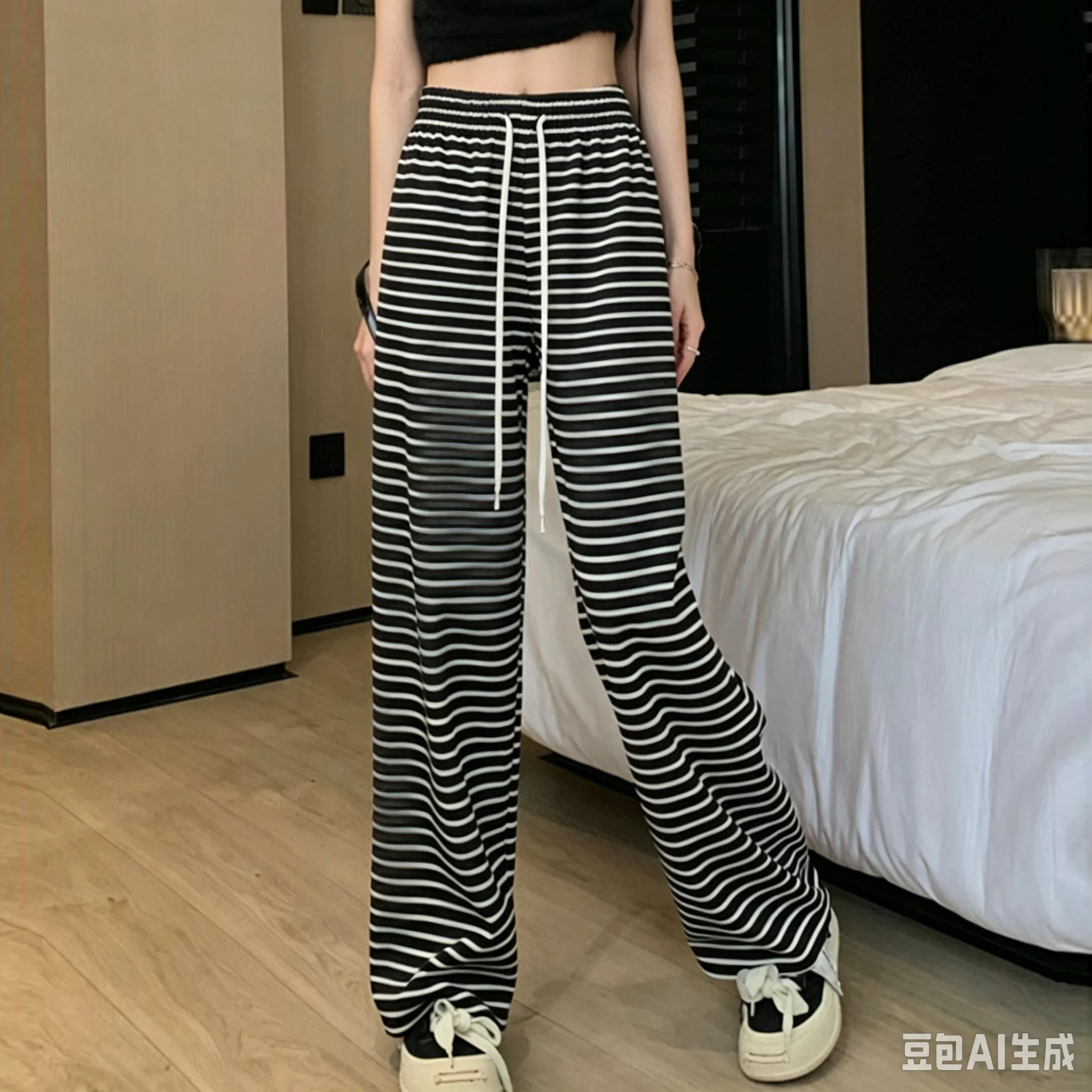 Unisex 3D-Streifenmuster, schnell trocknende, gerade geschnittene Hose für Damen und Herren, mit elastischem Kordelzug, lockerer Schnitt, lässige Streetwear-Sport-Hose. – Detail 4