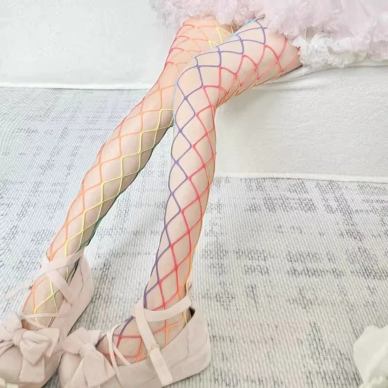 New Dopamine Rainbow Fishnet Stockings JK Lolita Large Mesh Hollowed Out Tights Women's Summer Thin See-through Sexy Pantyhose