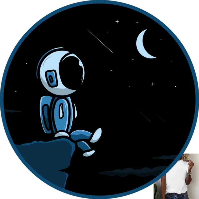 Trendy Astronaut Moon - Watching Heat - Transfer White Ink Iron - on Patch, Suitable for T - shirts/Canvas Bags/Clothes, Casual