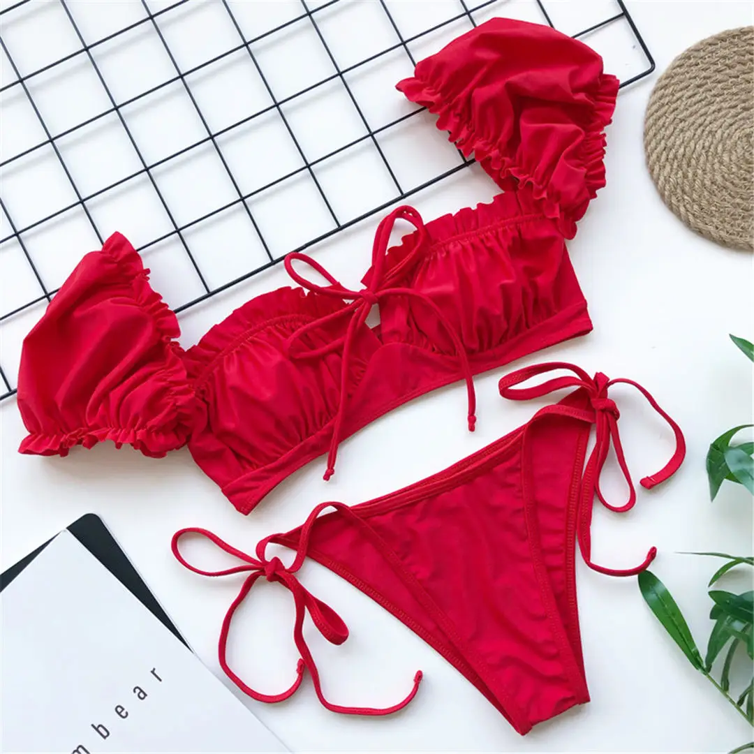Kurzärmeliger, brasilianischer, plissierter, geraffter Bikini-Badeanzug für Damen, zweiteiliger Bikini-Set, Badebekleidung, Badeanzug, Schwimmanzug V1729 – Detail 30