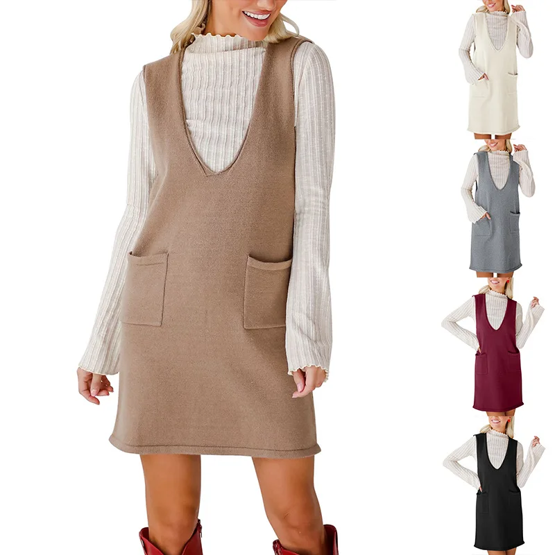 

Элегантное женское платье без рукавов, очень плотное, вязаное, повседневное, оверсайз, с V-образным вырезом, на бретельках, в рубчик