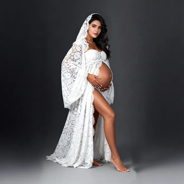 Vestido de Encaje Personalizado para Sesión de Fotos de Maternidad con Velo para Mujeres Embarazadas, Vestido Boho para Fotografía de Embarazo, Traje para Baby Shower