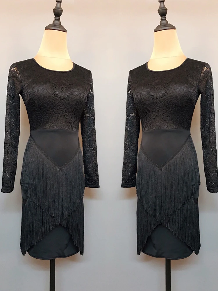فستان الرقص اللاتيني للنساء السالسا سامبا تشا تشا أزياء رقص كم طويل فساتين الدانتيل الأسود ملابس الأداء اللاتينية 1987