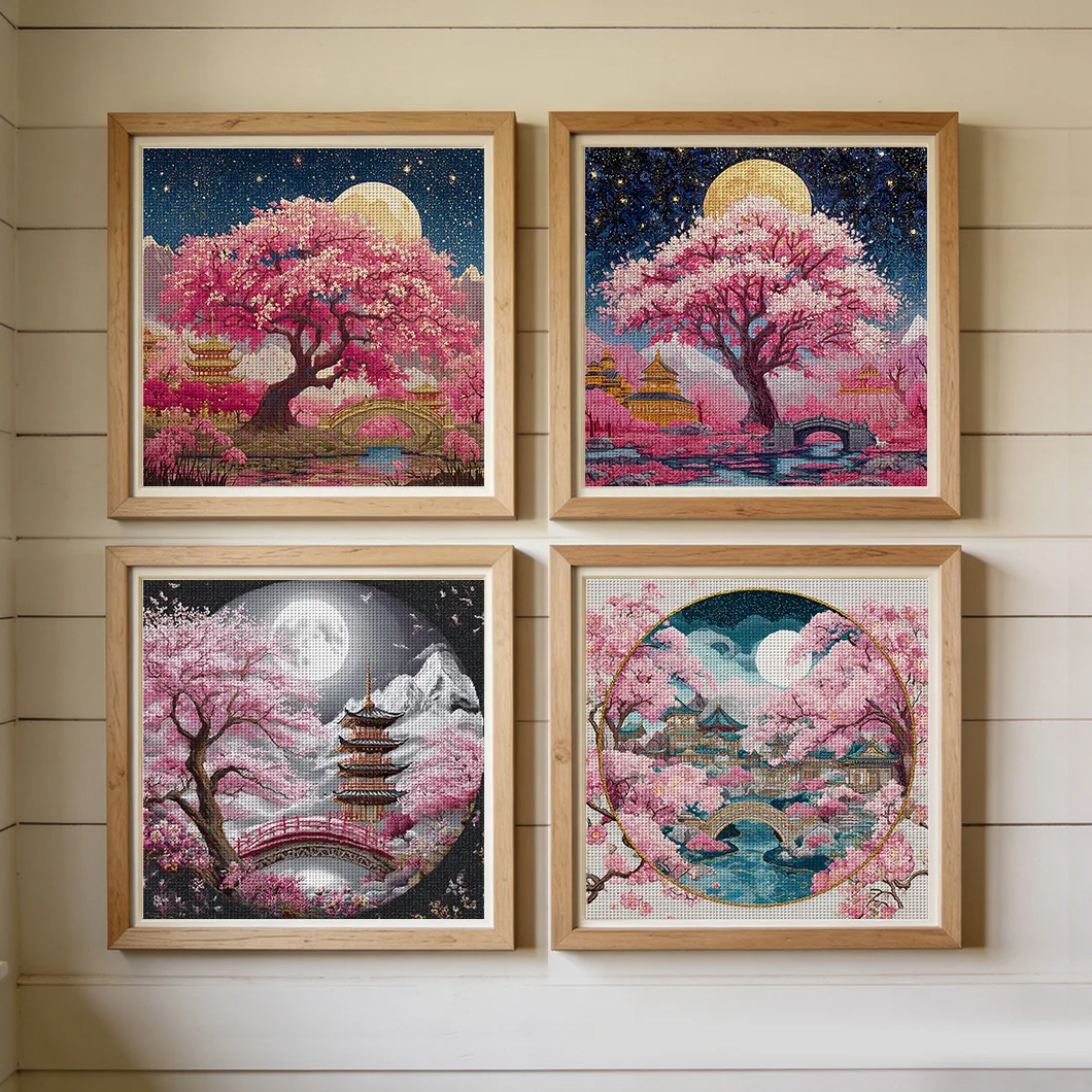 Kirschblütenmond 36x36cm 11CT Druck Kreuzstich DIY-Set für Erwachsene Anfänger Entspanntes Stickset