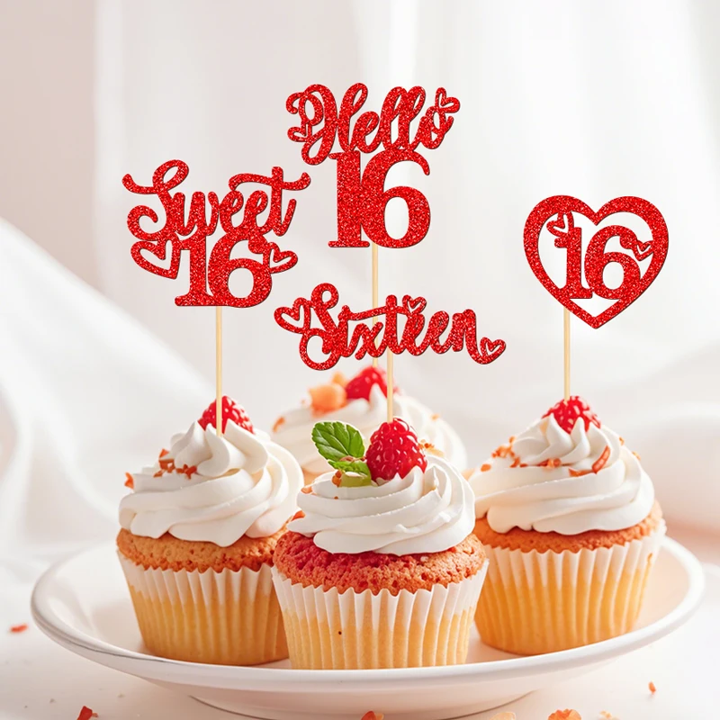 NUBECOM 24 Stück Sweet 16 Kuchendekoration Glitzer Hello 16 Cupcake-Topper Sixteen Happy 16th Cupcake-Dekorationen Geburtstagstorten-Aufsätze – Detail 1