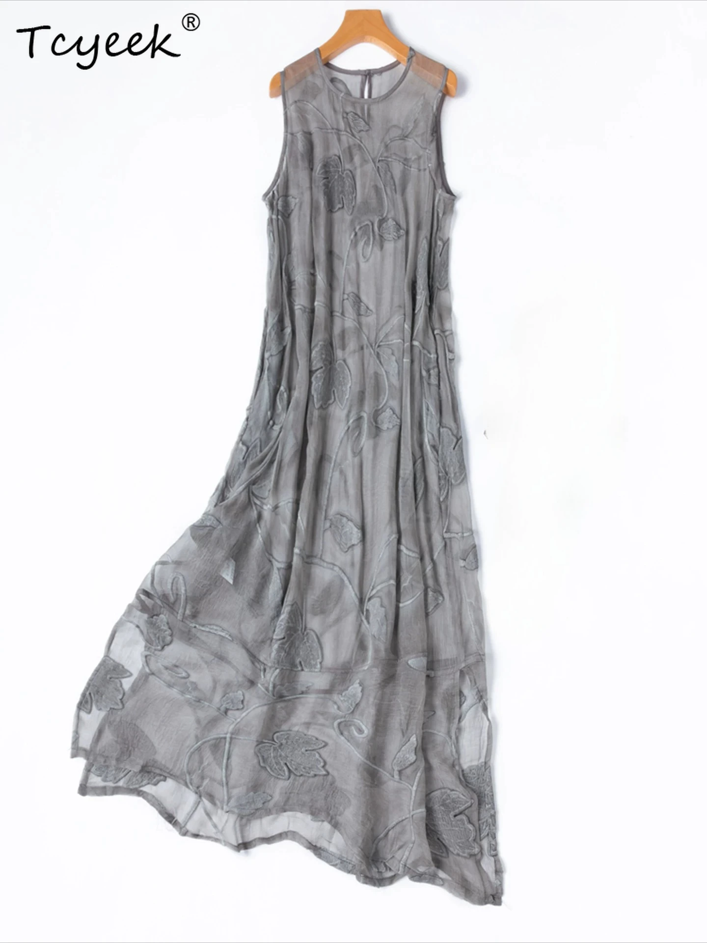 Tcyeek Damenkleid aus 100 % Maulbeerseide, Sommerkleidung, elegante Kleider für Damen, Maxikleid, schwere Stickerei, lockere Passform