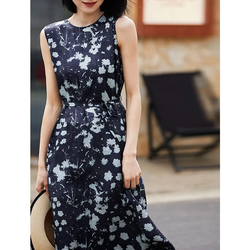 Silk Flower Print Sleeveless Slim Waist Dress 2025 Summer Mulberry Silk French Temperament Thin Floral Dress