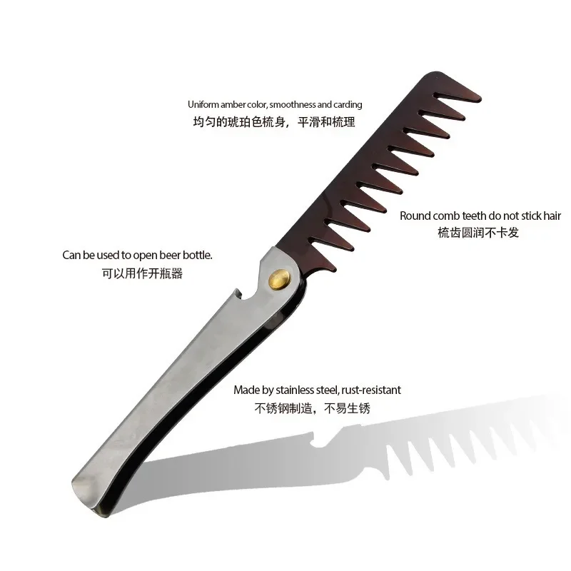 Oil Head Comb Barber Stainless Steel Handle Folding Wide Teeth Men Comb Hairdressing Hair Modeling Styling Comb Portable Vintage