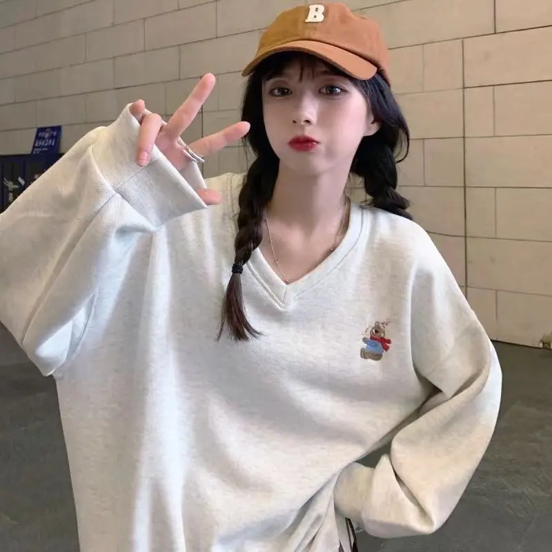 

Internet Celebrity Teddy Bear Embroidered Retro V-neck Pullover Hoodie Woman's Clothes All-match Loose Ins Lazy Style Top Trend