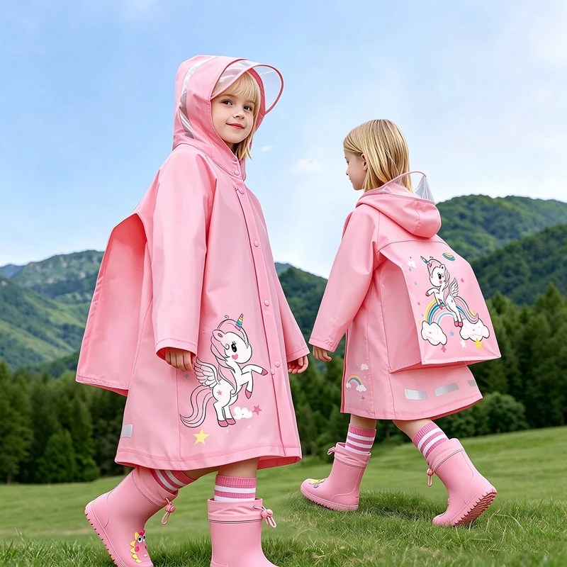 Children Raincoat Girls Boys School Students Backpack Location Waterproof Cartoon Rainwear For 2-12 Years Old Kids