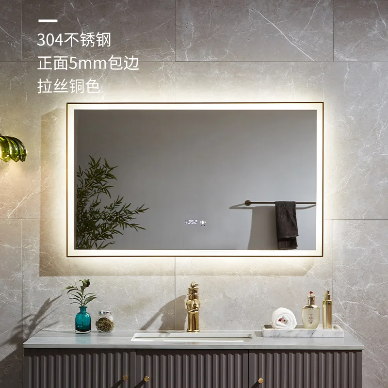 Stainless steel narrow frame smart bathroom mirror LED bathroom mirror with lamp wall hanging defogging enlarged cosmetic