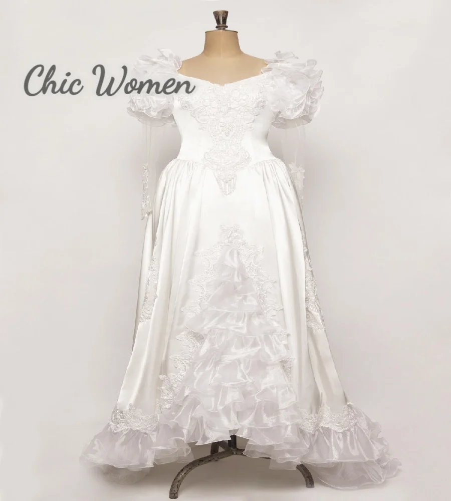 

Retro Victorian 70s Wedding Dress With Organza Ruffles Long Sleeve Lace Medieval Bridal Dress Beach Boho Bride Gown80sCustomized