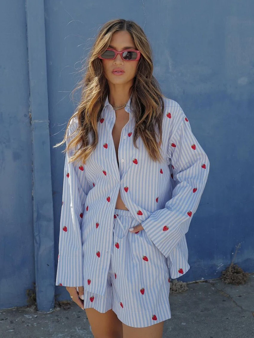 

Marthaqiqi Printing Ladies Nightgowns Suit Sexy Turn-Down Collar Sleepwear Long Sleeve Nightwear Shorts Casual Female Pajama Set