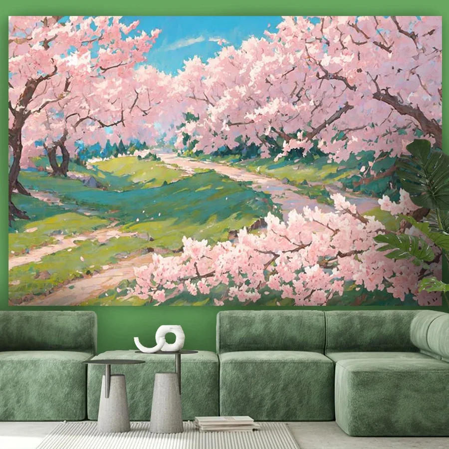 Large Pink Cherry Blossom Spring Garden Mural Wallpaper Backdrop for Living Room Bedroom Home Decor