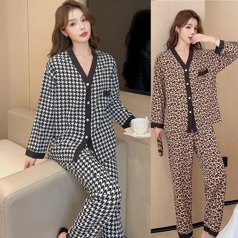 

Fashion V-neck Grid Pajamas Women Casual Homewear Leopard Sleepwear Set Loose Spring Autumn Long Sleeves Pajamas Girl