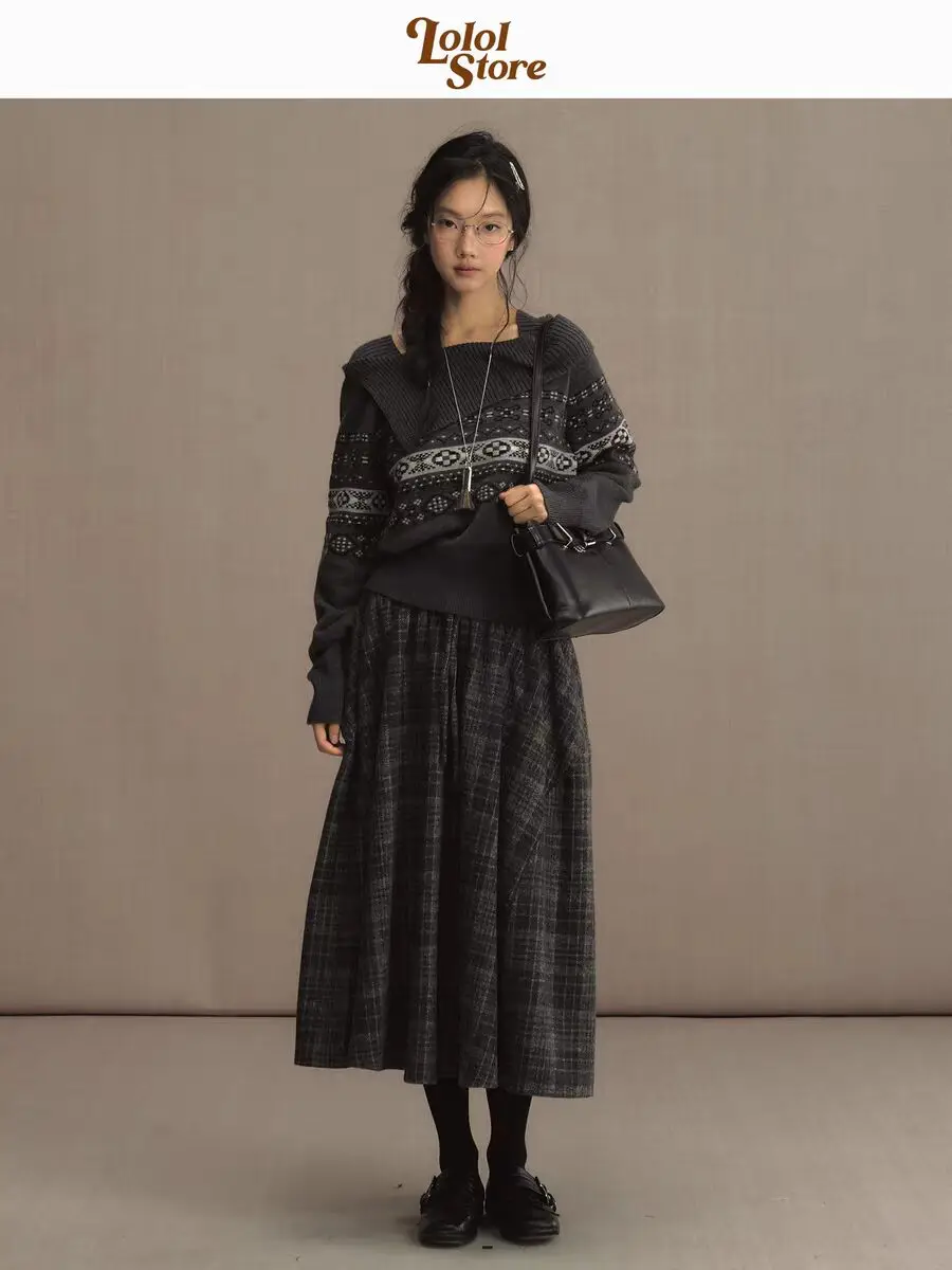 

Autumn Winter Fashion Streetwear Women Loose Plaid Classic Vintage Leisure Skirts Woolen Fabric Elegant Harajuku Clothes F397