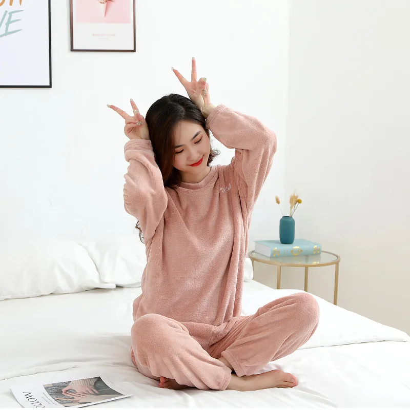 Autumn and Winter Warming Solid Thin Velvet Suit Women Thickened Homewear Coral Fleece Warm Casual Loose Large Size Pajamas