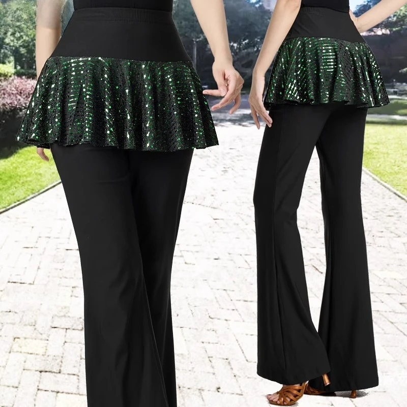 A nova moda trajes de dança quadrada lantejoulas saia calças feminino adulto dança latina prática roupas dança moderna calças alargamento